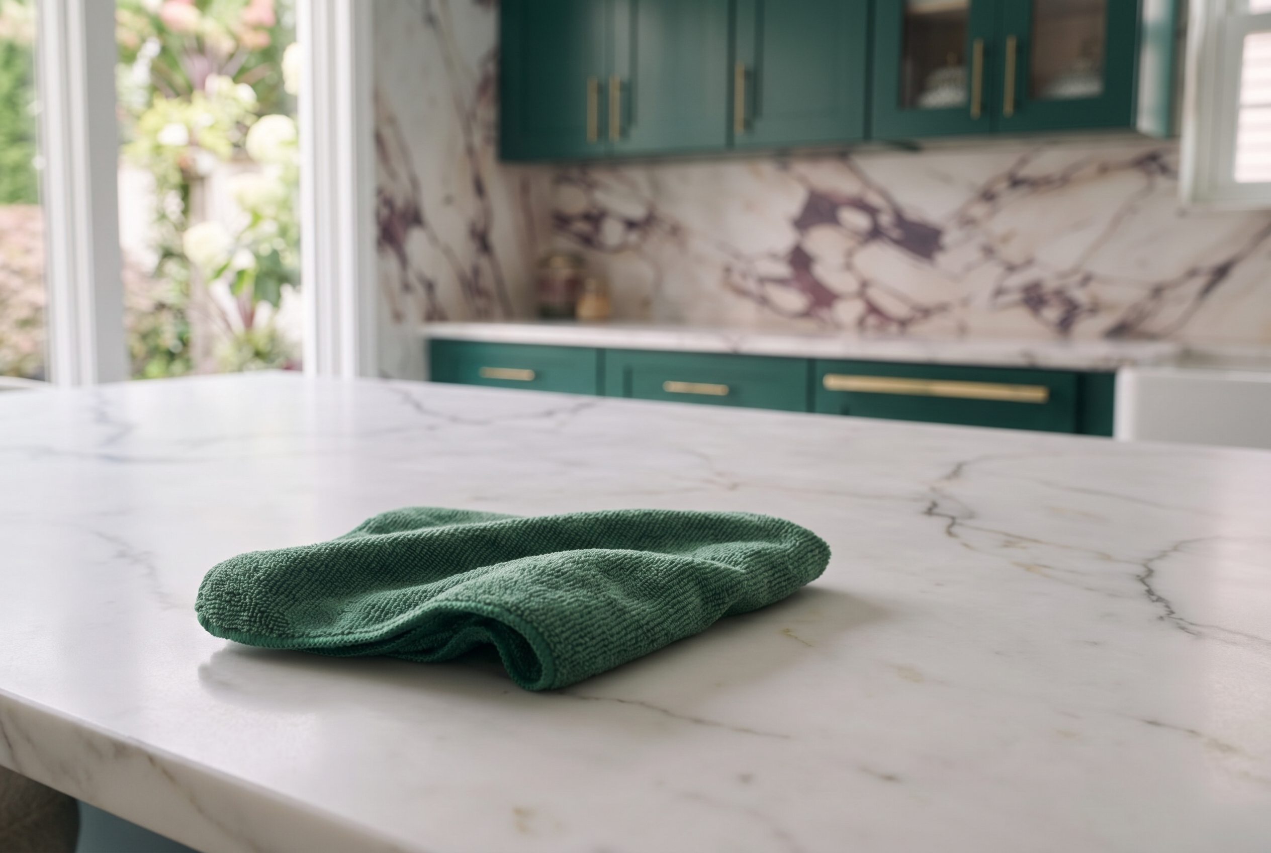 Gentle daily cleaning with a plush microfiber cloth keeps a protected marble countertop looking new.