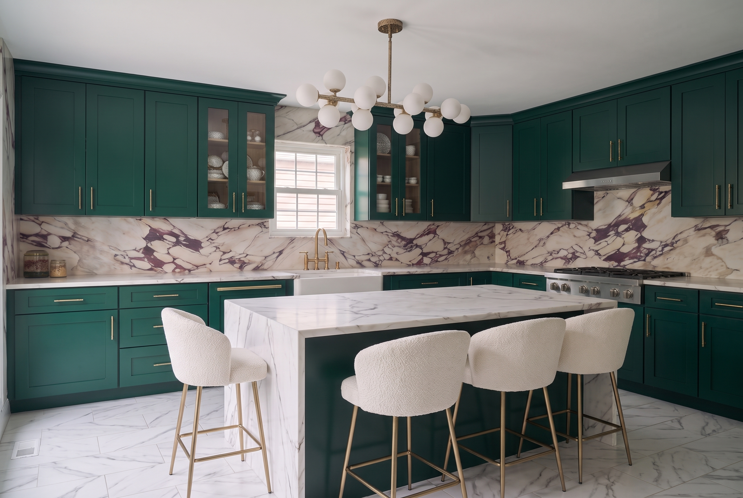 A protected marble island in a Long Island home, where StoneGuard film prevents etching from daily family use.