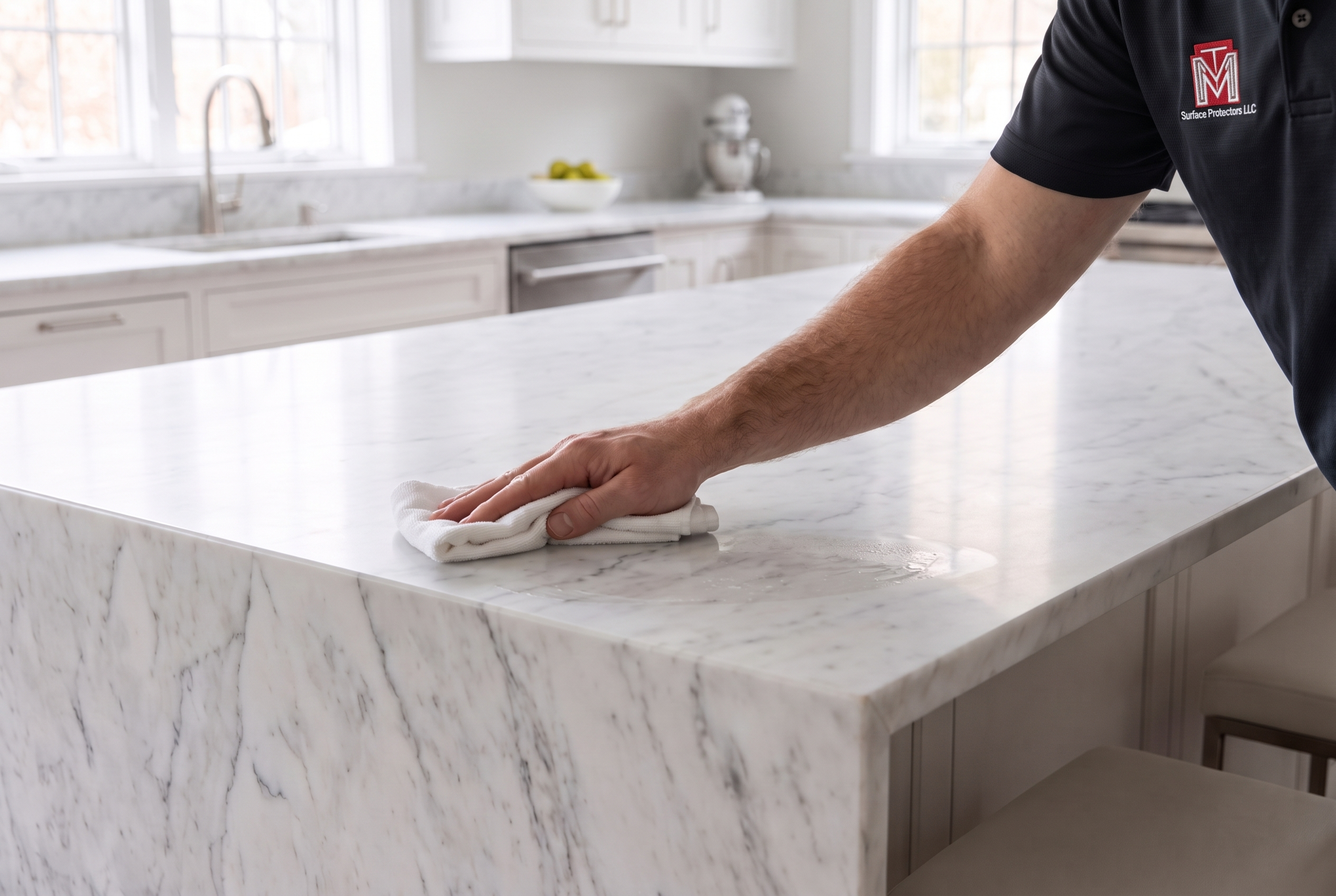 An M&T technician carefully sealing a honed marble island, then prepping it for StoneGuard film.