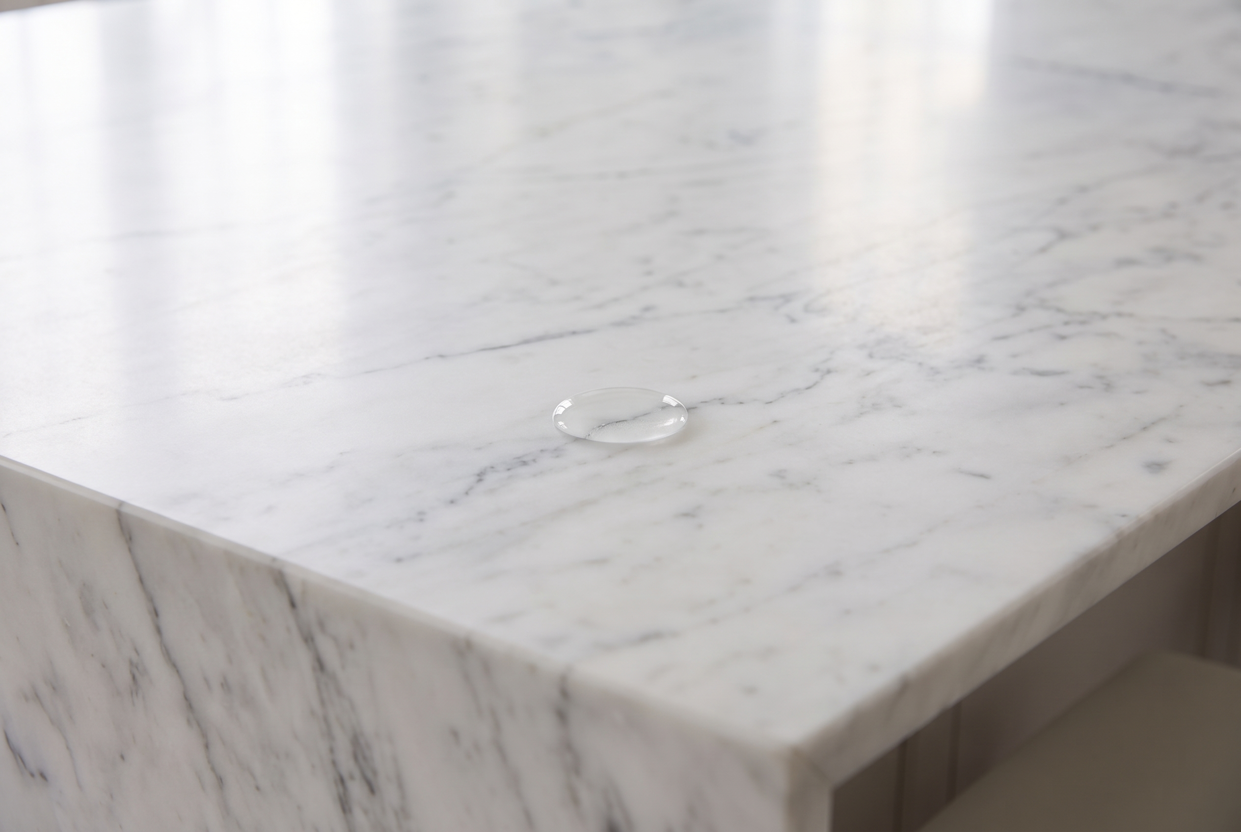 Close detail of sealed marble with StoneGuard film, giving full etch protection without changing the look.
