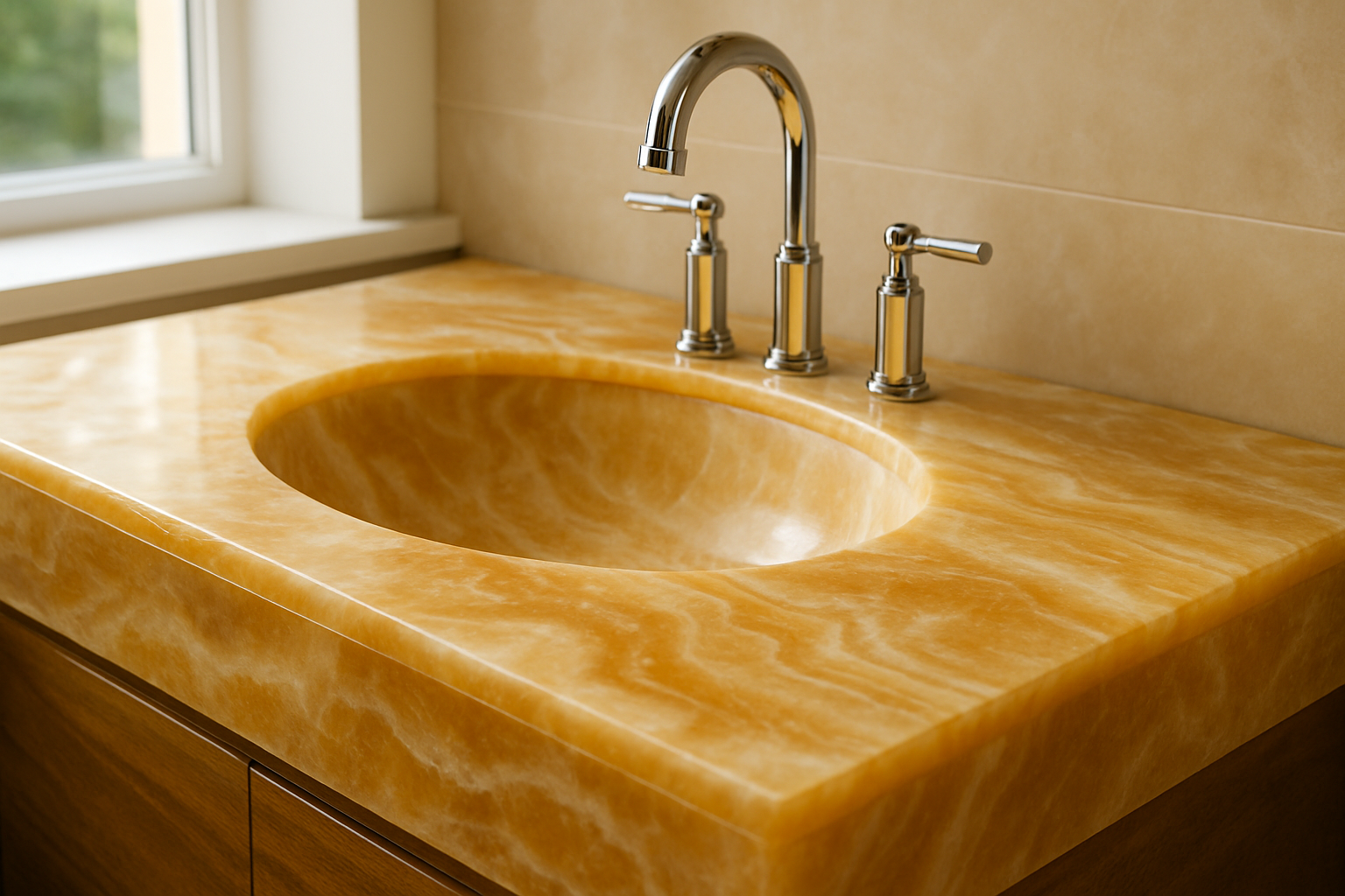 A backlit onyx bathroom vanity kept bright with gentle daily cleaning and periodic sealing.