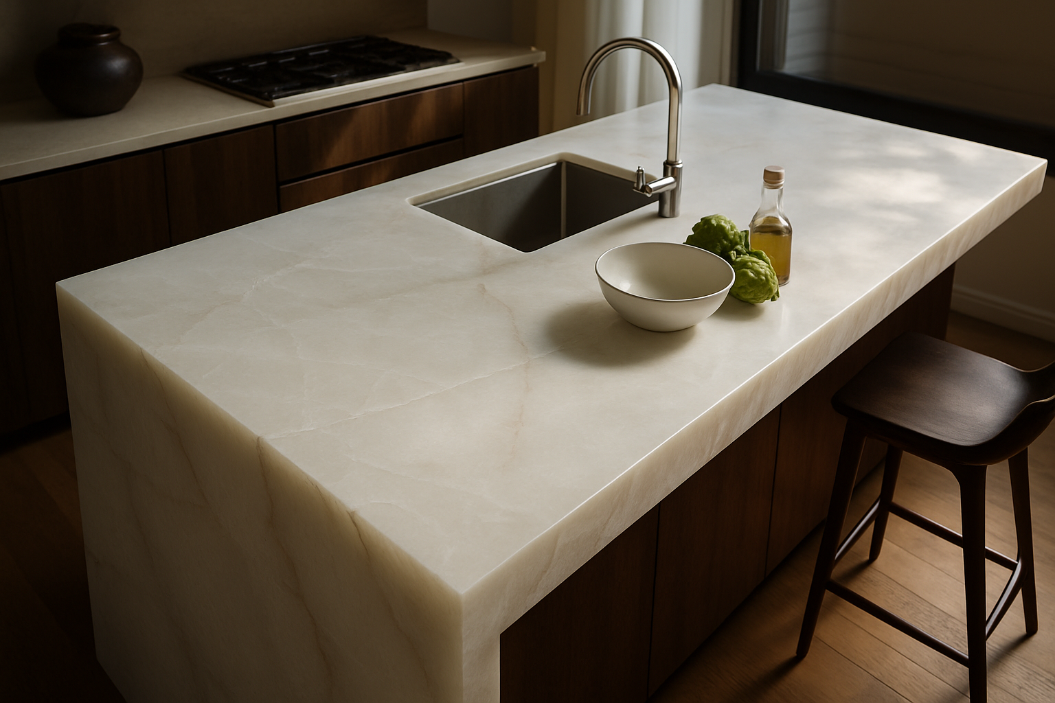 Onyx kitchen island with light etching around the prep area, a common repairable issue.