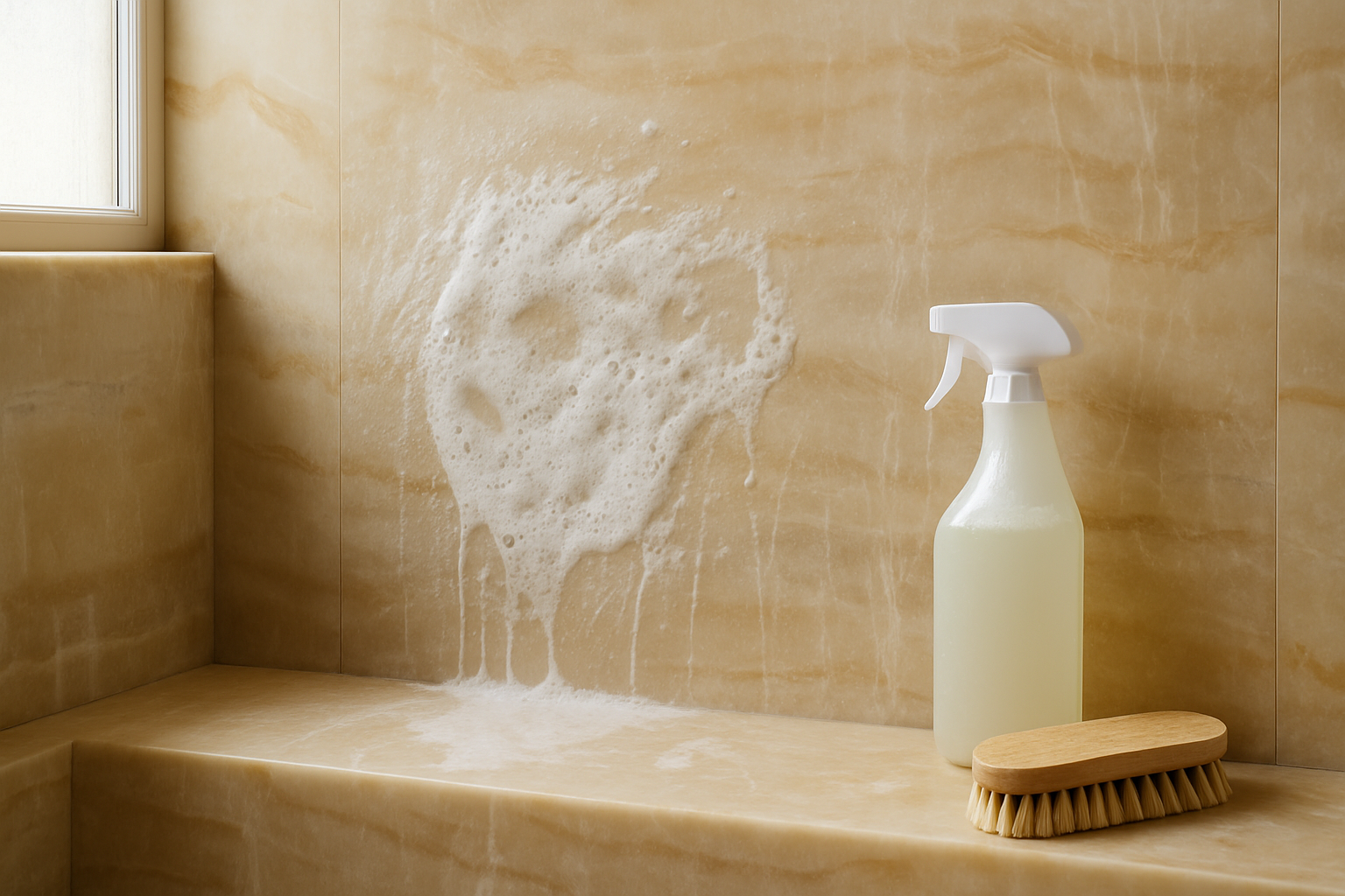 Soap scum and mineral deposits on an onyx shower wall during targeted cleaning.