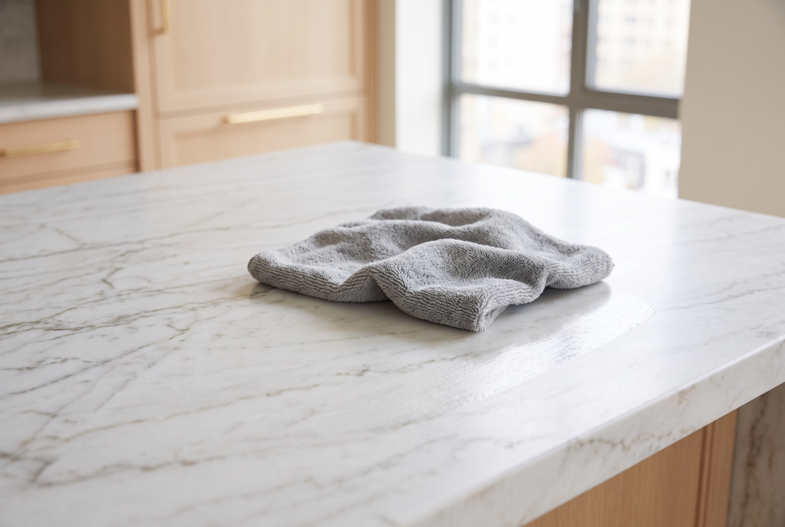Gentle daily cleaning of a protected quartzite countertop with diluted dish soap and microfiber.