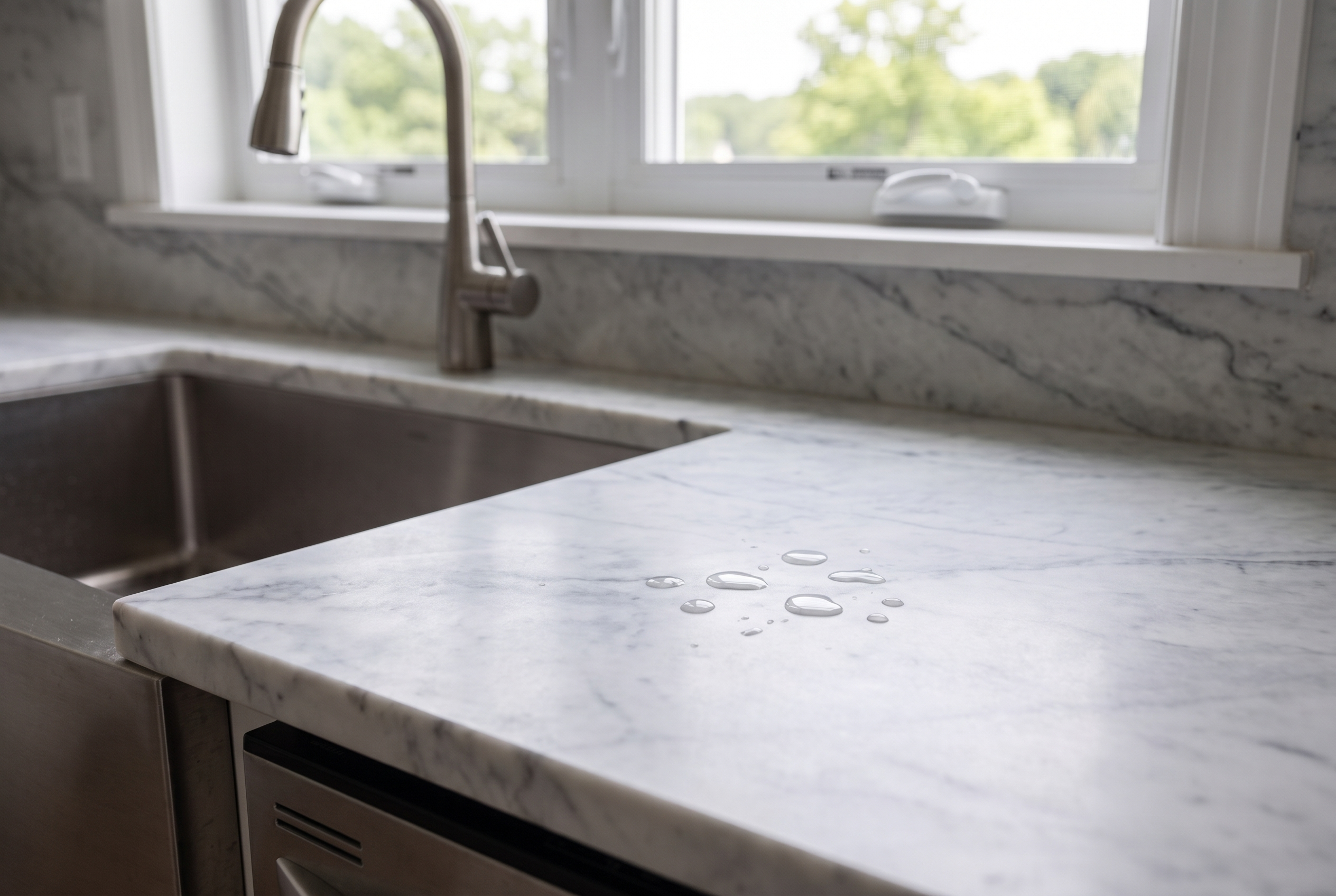 A few drops of water resting on honed marble beside the sink during the water test.