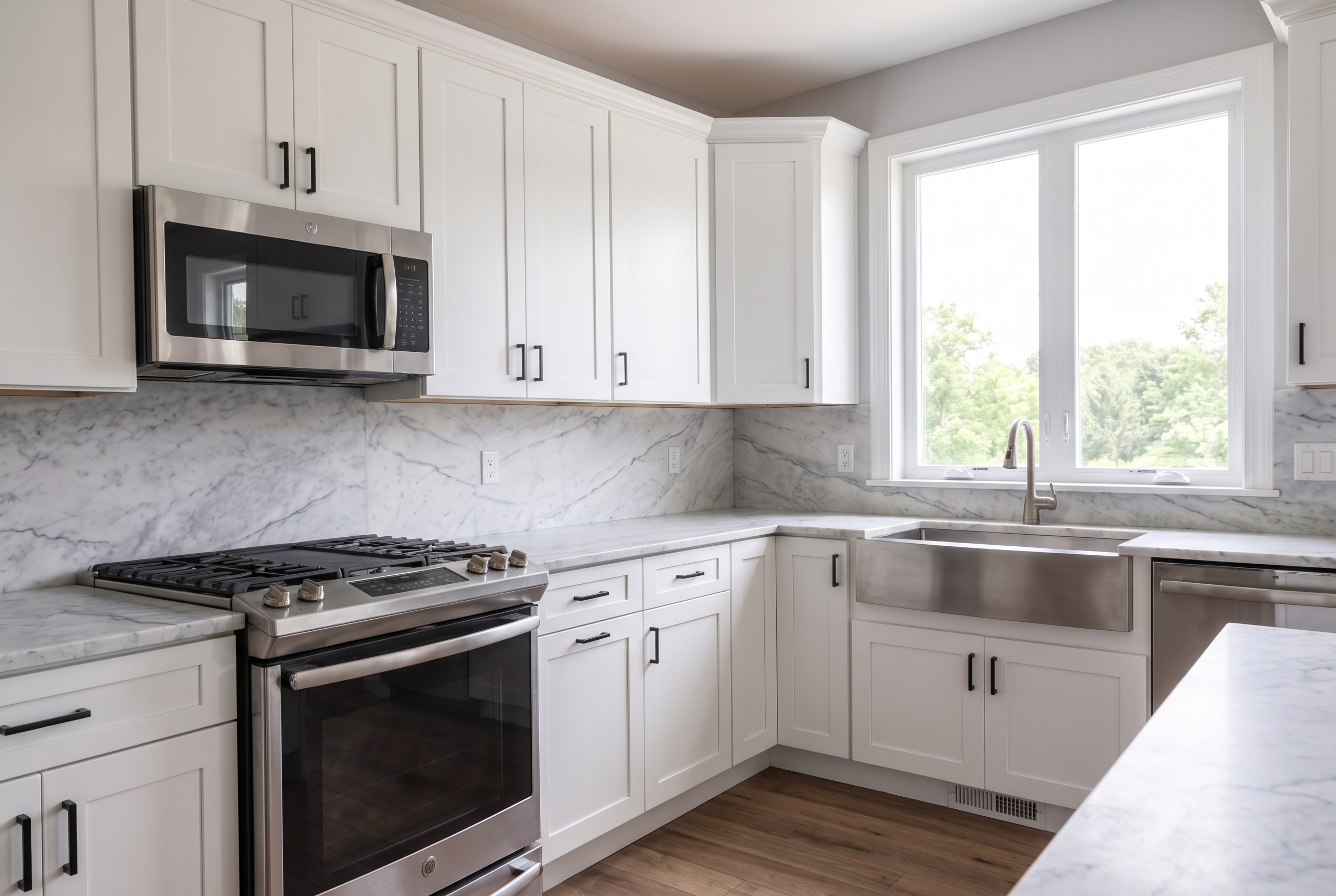 The honed marble strip beside the cooktop, the highest etching-risk zone in daily use.