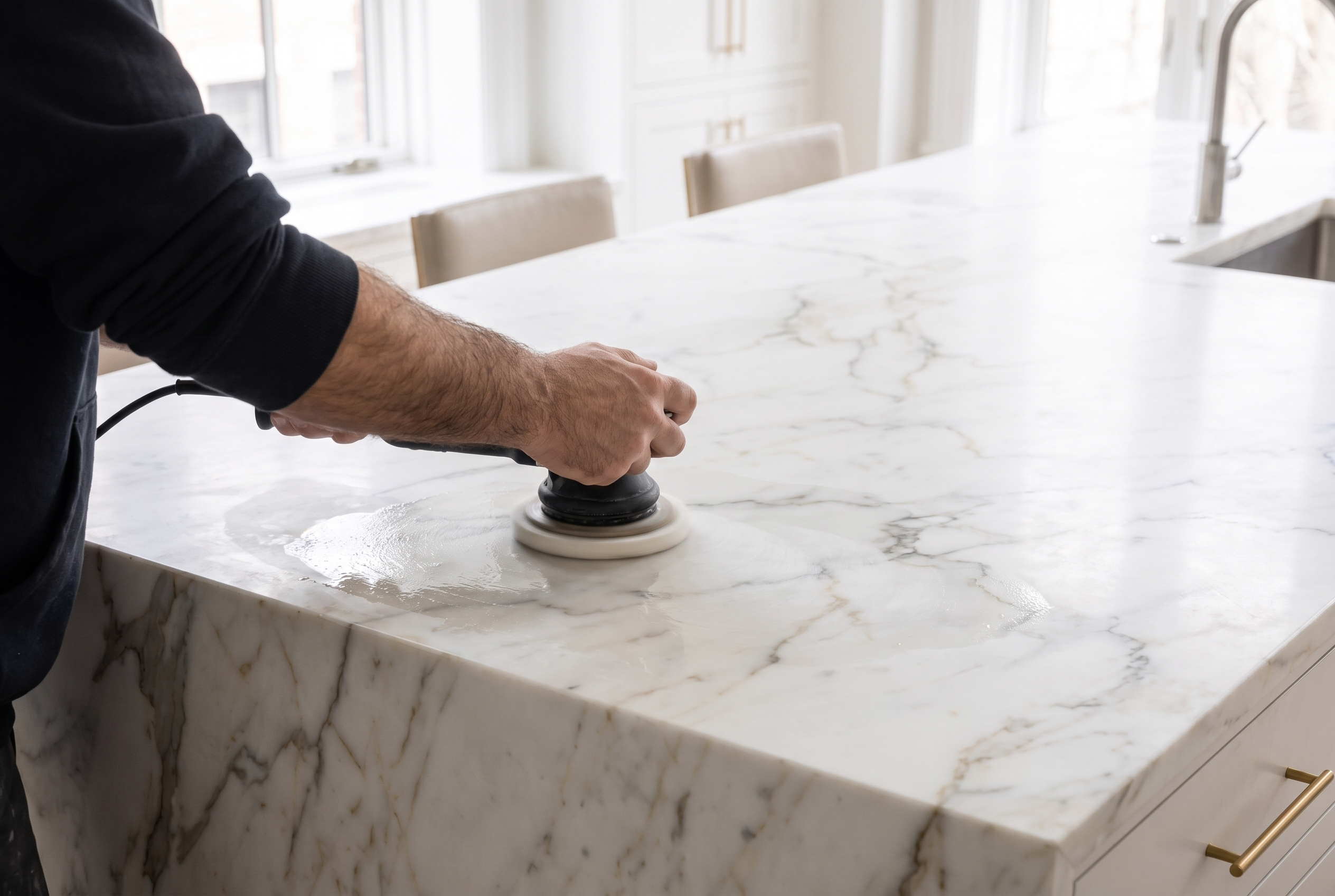 A stone-restoration technician honing an etched marble surface.