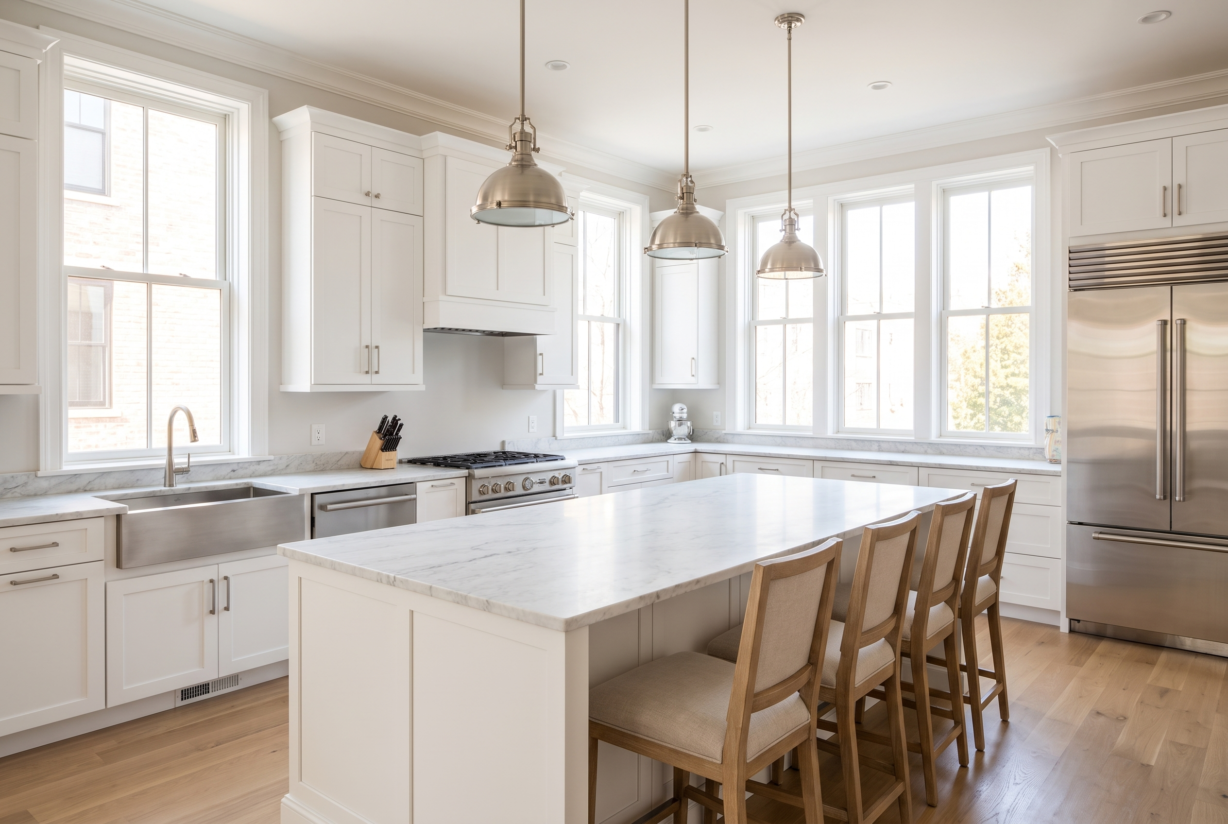 A honed marble island after restoration and StoneGuard film installation.