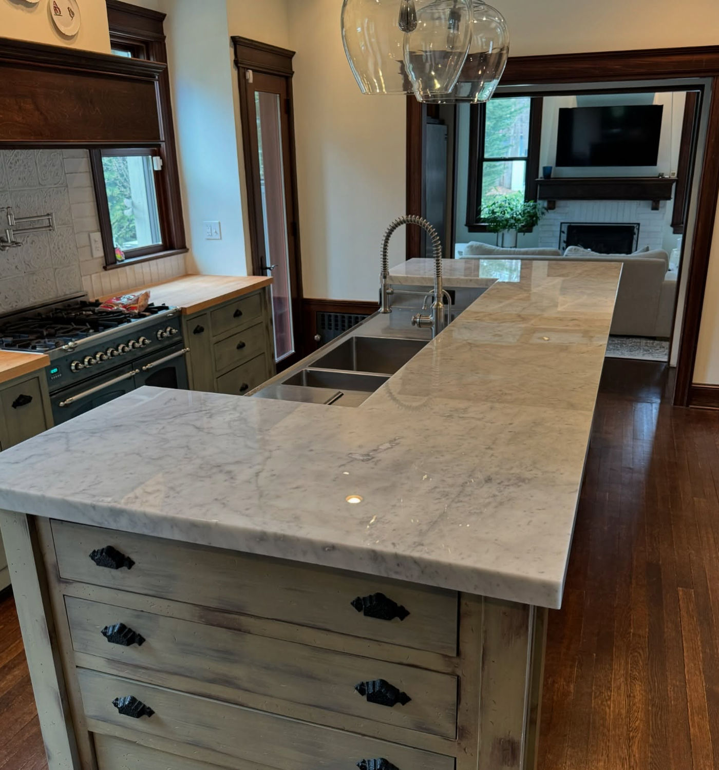 Stainless and stone, side-by-side. White Marble with StoneGuard Clear film in Park Slope, NY
