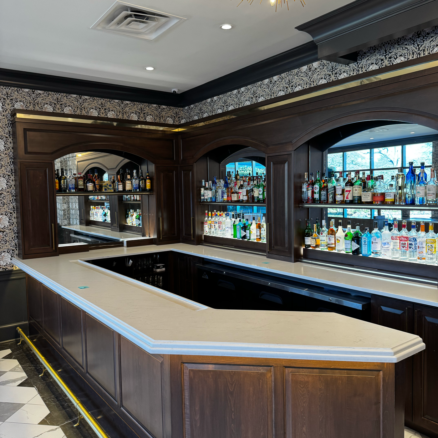 Home bar, ready for spills. Honed Quartzite with StoneGuard Satin film in Short Hills, NJ