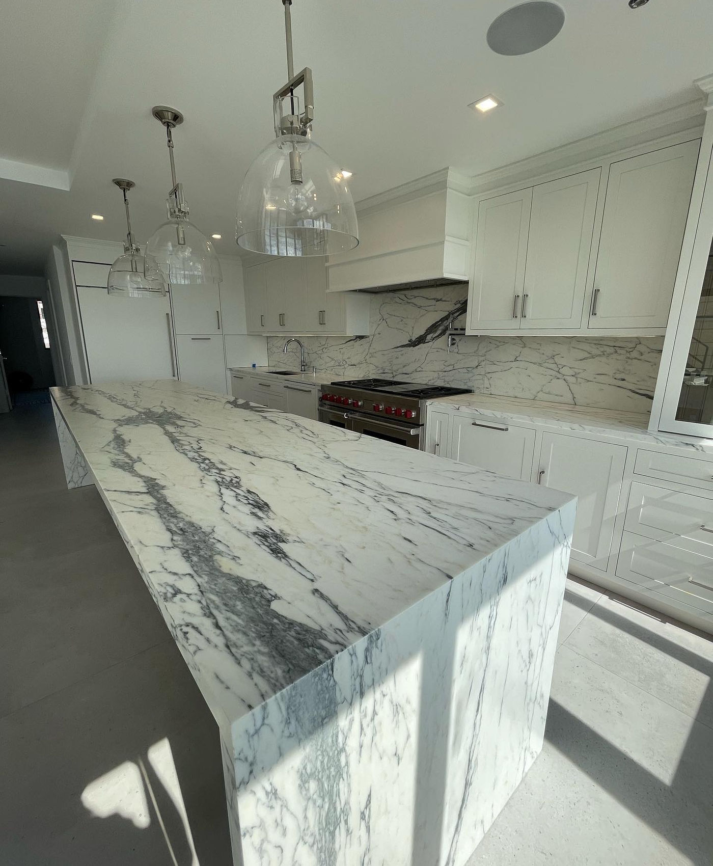Waterfall calacatta, satin finish. Calacatta with StoneGuard Satin film in SoHo, NY